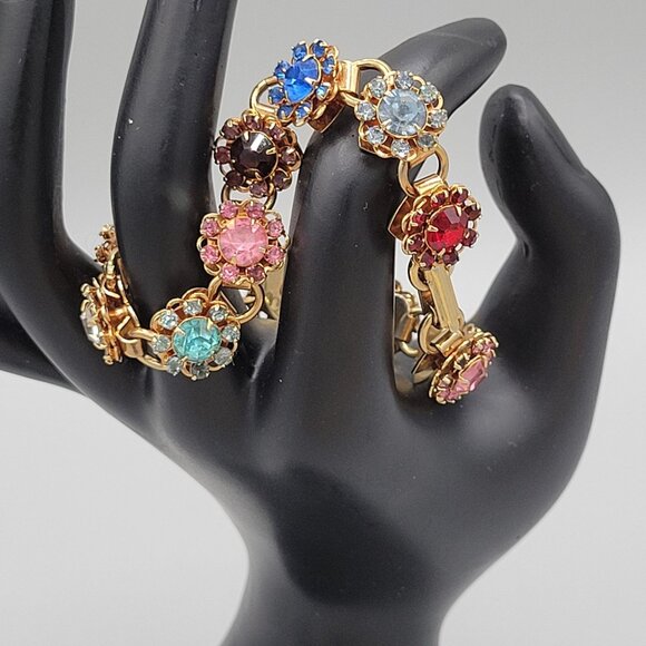 Vintage Gold Tone Tourmaline Stone Flower Link Bracelet Fold Over Clasp - Picture 4 of 8